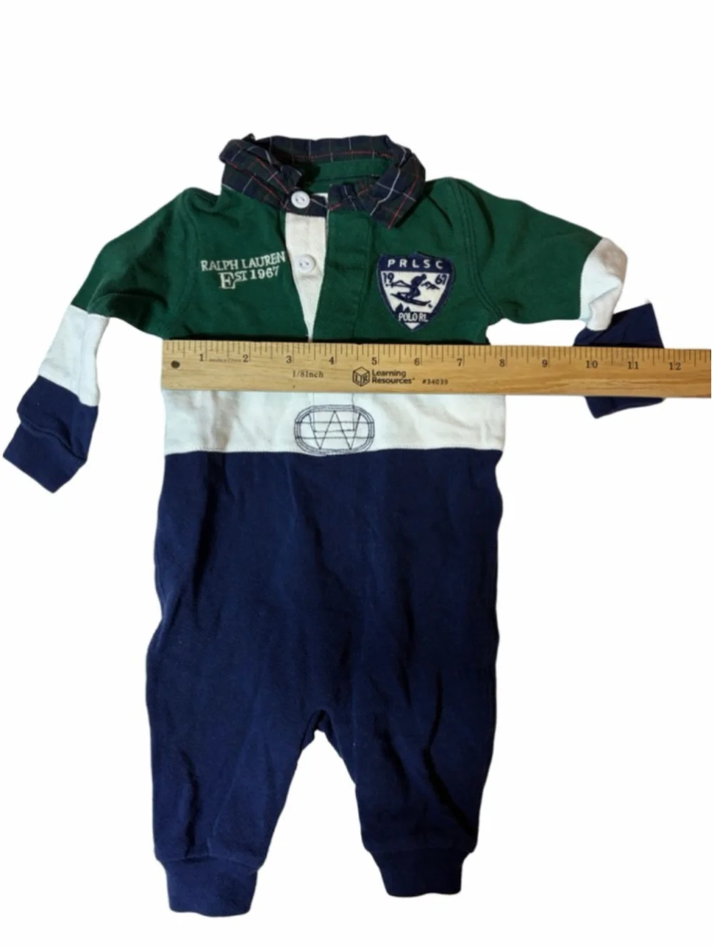 Ralph Lauren Baby Boys Rugby Coverall 3M Green Navy Plaid Collar